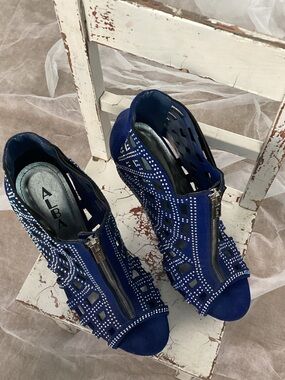 Alba Royal Blue Studded Cutout Zip Peep-Toe Heels